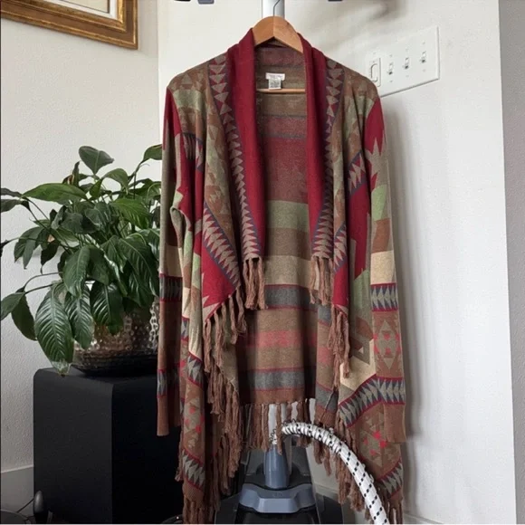 Tasha Polizzi Southwestern Drape Fringe cardigan sweater Sz M Brown Red Open - Picture 1 of 12